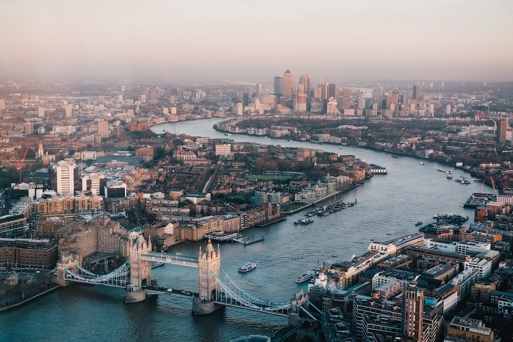 Aerial view of London at sunset